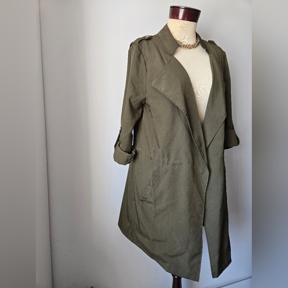AMARYLLIS Olive Green Relaxed Fit Beltless Trench Coat. Size Small - Picture 2 of 13